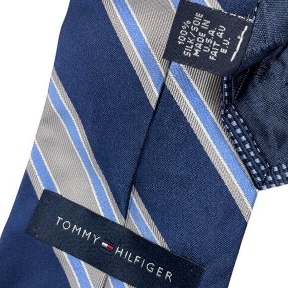 Tommy Hilfiger Silk Tie Blue Gray Stripe Repp Vintage 90's - Picture 4 of 6